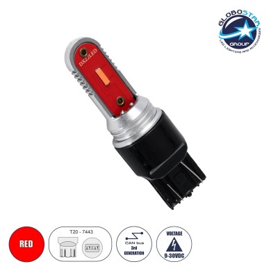 GloboStar® 81500 Λάμπα Αυτοκίνητου T20 - 7443 - W21-5W 3rd Generation Can-Bus Extreme Series LED 2 DUO DXZ 15W 1200lm 240° DC 9-30V IP20 Κόκκινο